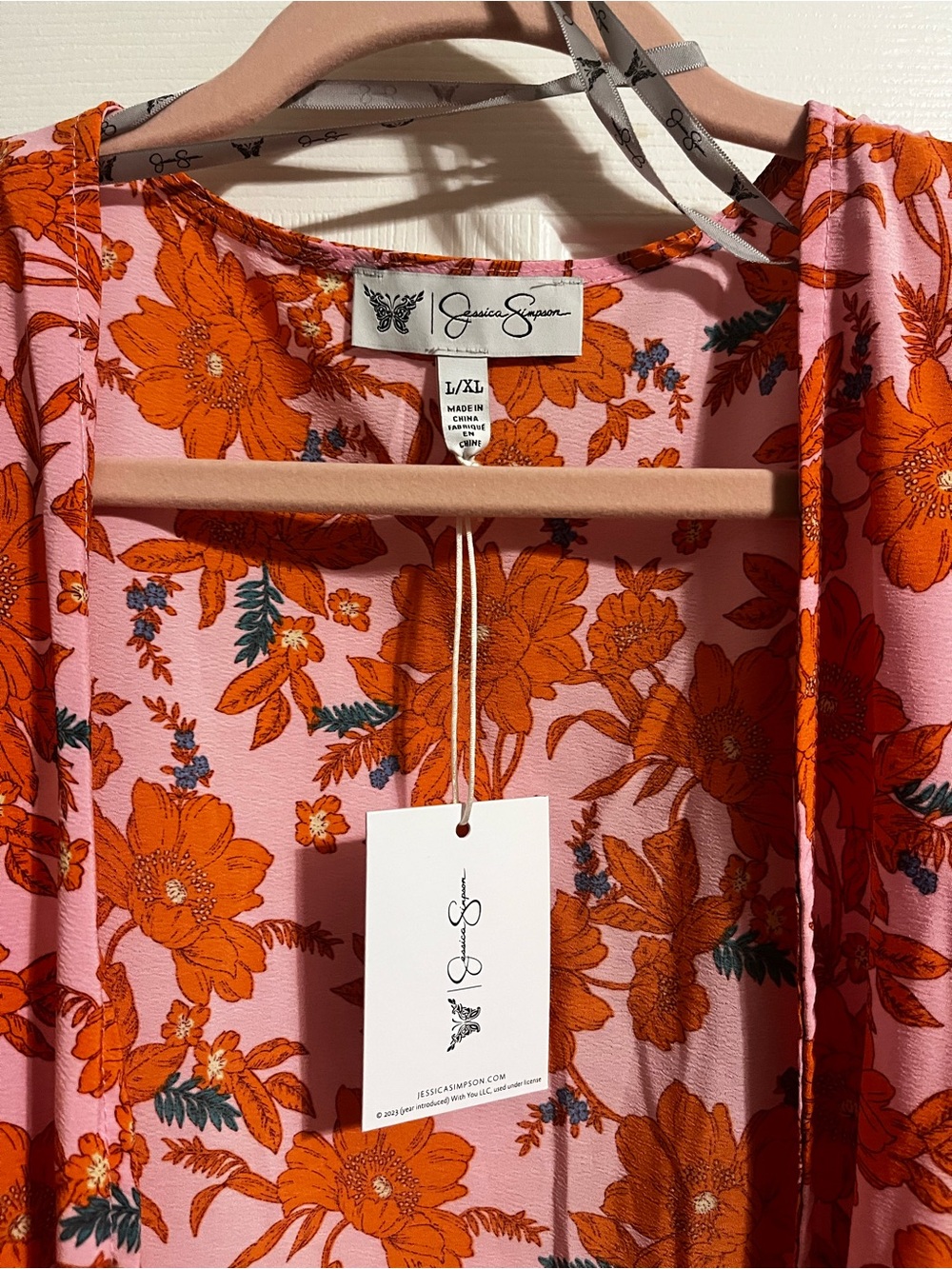Jessica Simpson | NWT! Pink Floral Duster with Orange Bloom Print - Sz L/XL - Picture 5 of 6